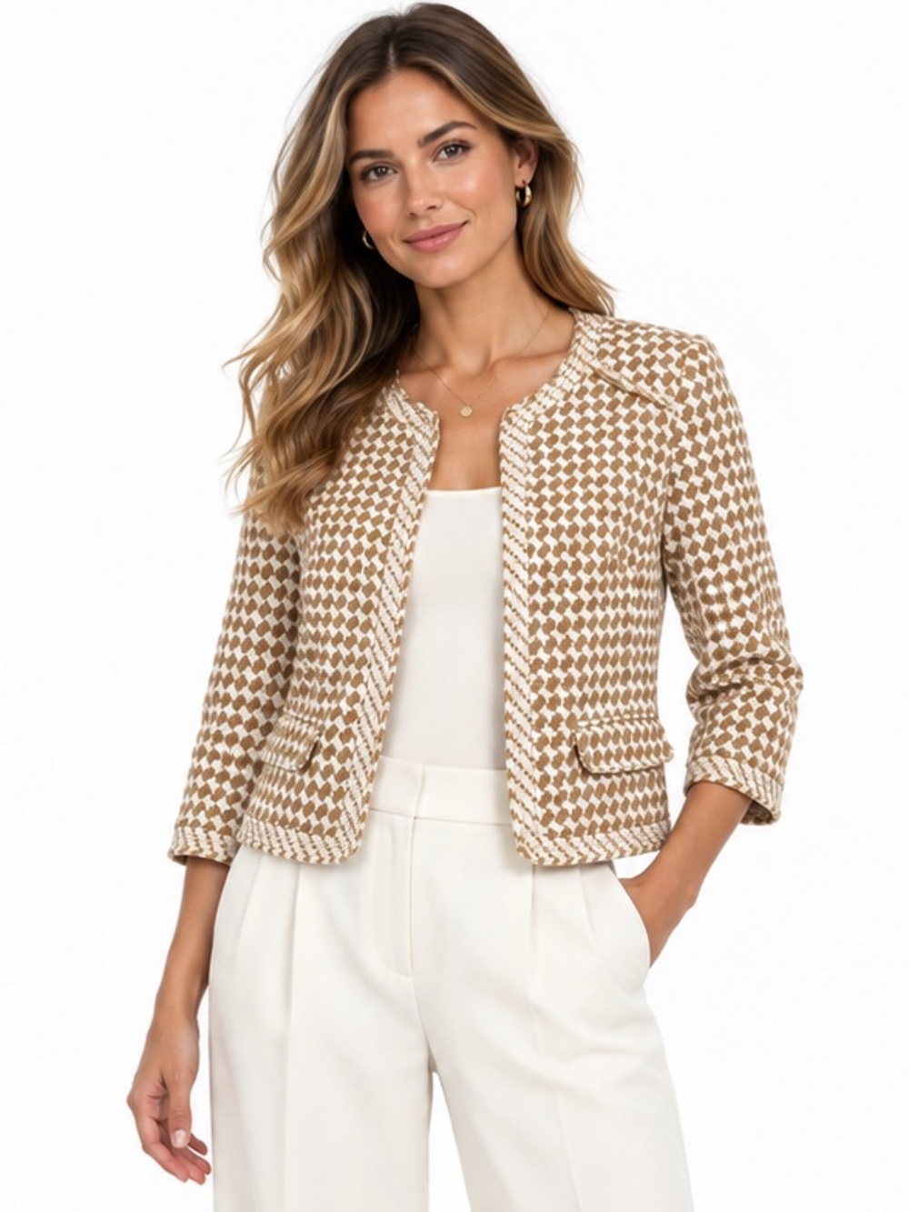Trina Turk Size 2 Cream Tan Woven Cropped Jacket Quiet Luxury Made USA